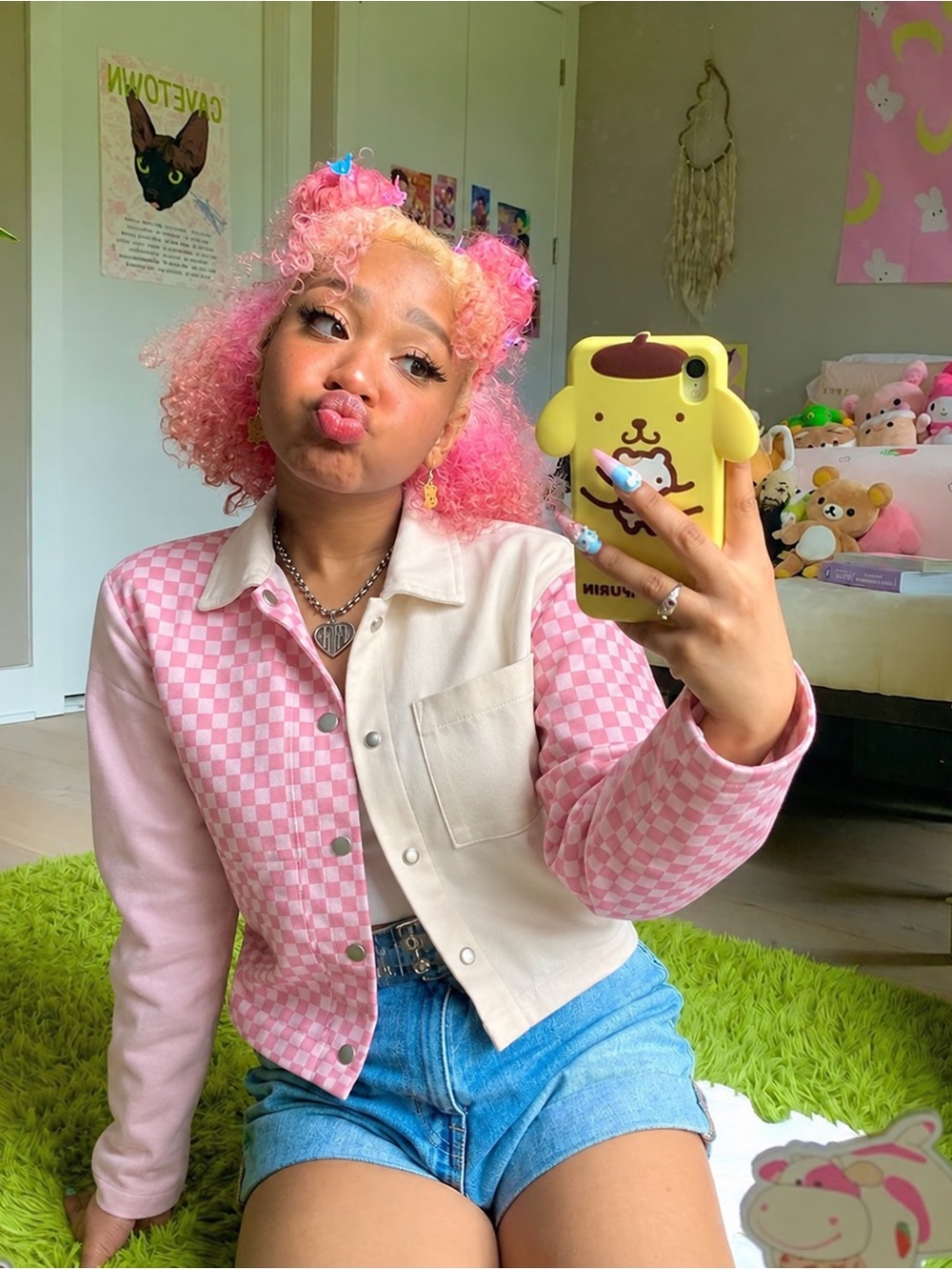 Women’s Pink Checkered Mixed-Material Jacket